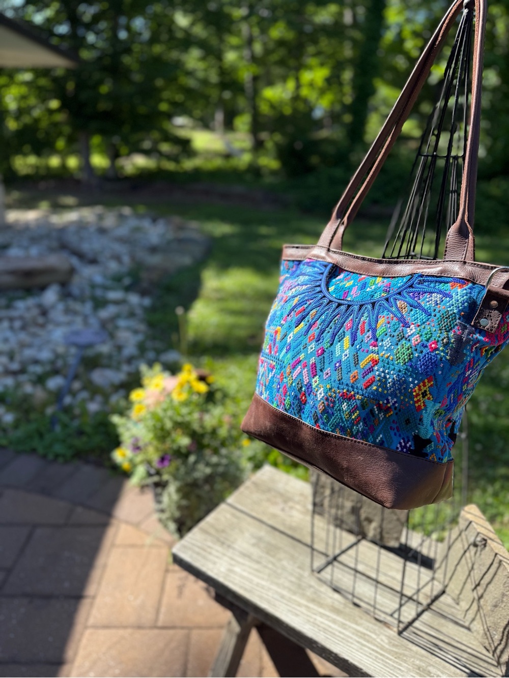 Vibrant Blue Handcrafted Tote with Brown Leather Trim